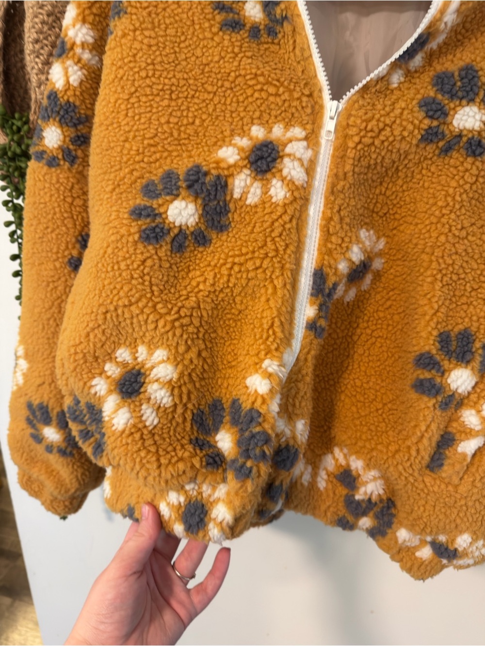 Cider Floral Sherpa Fleece Zip Up Jacket Medium Mustard Yellow - Picture 2 of 4
